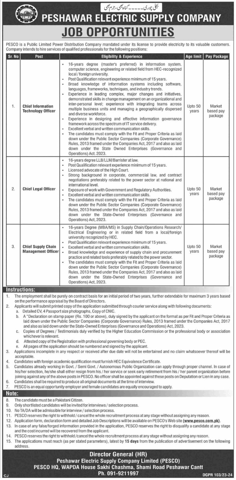 PESCO Jobs 2024 | Online Apply Peshawar Electric Supply Company